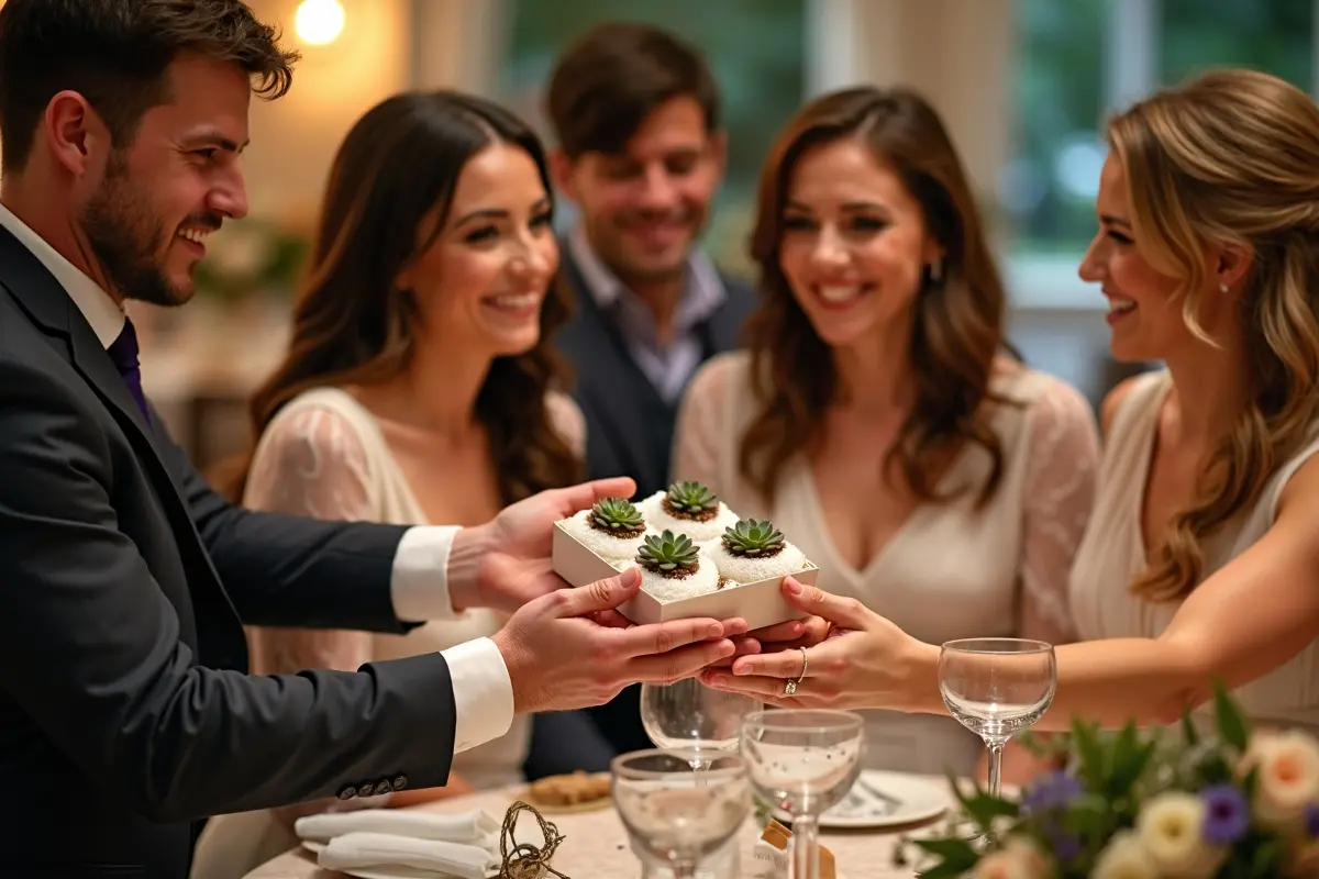 wedding guests receiving thoughtful seasonal favors matching celebration theme